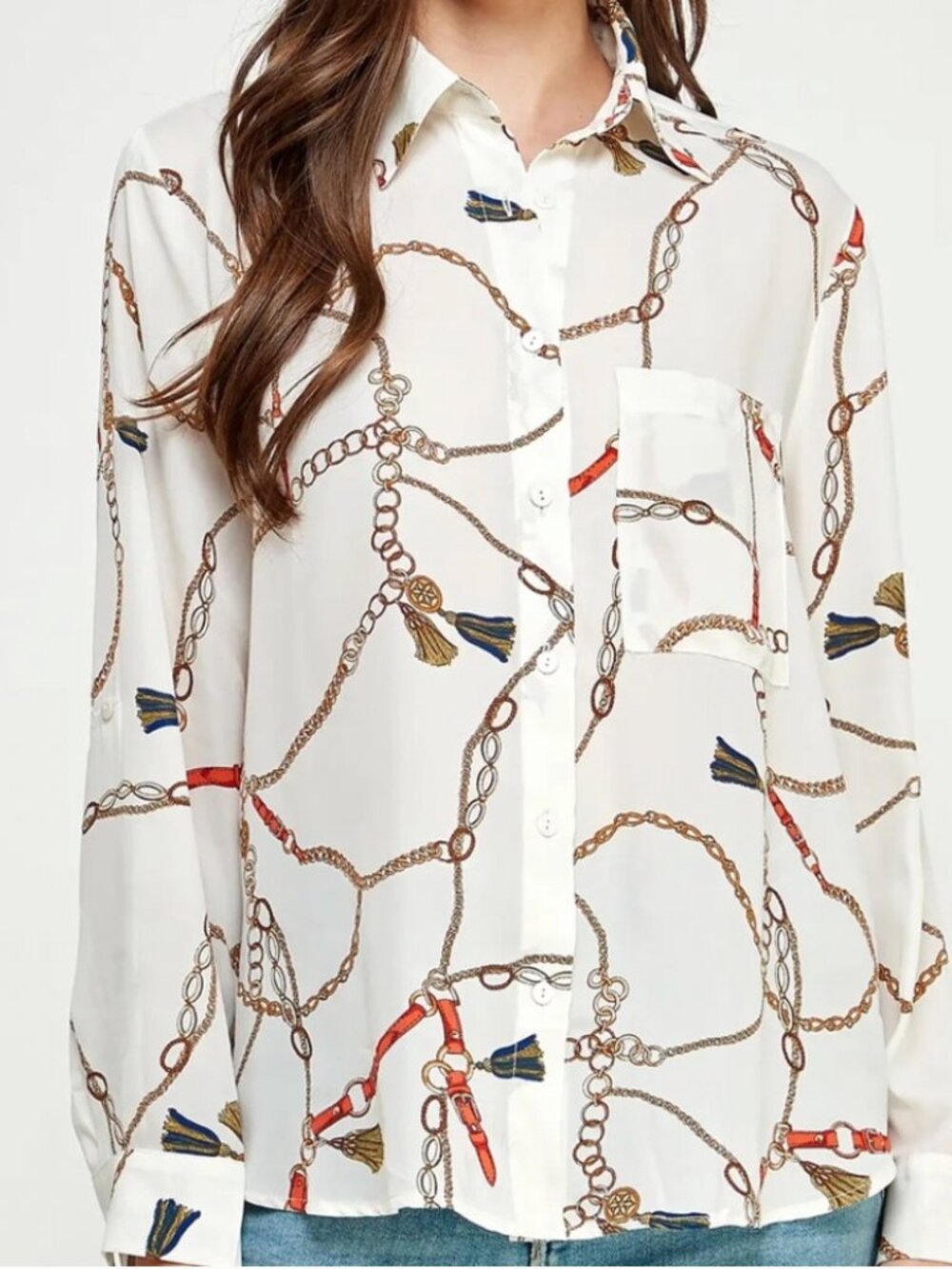 Chain Scarf Print Button Down Blouse